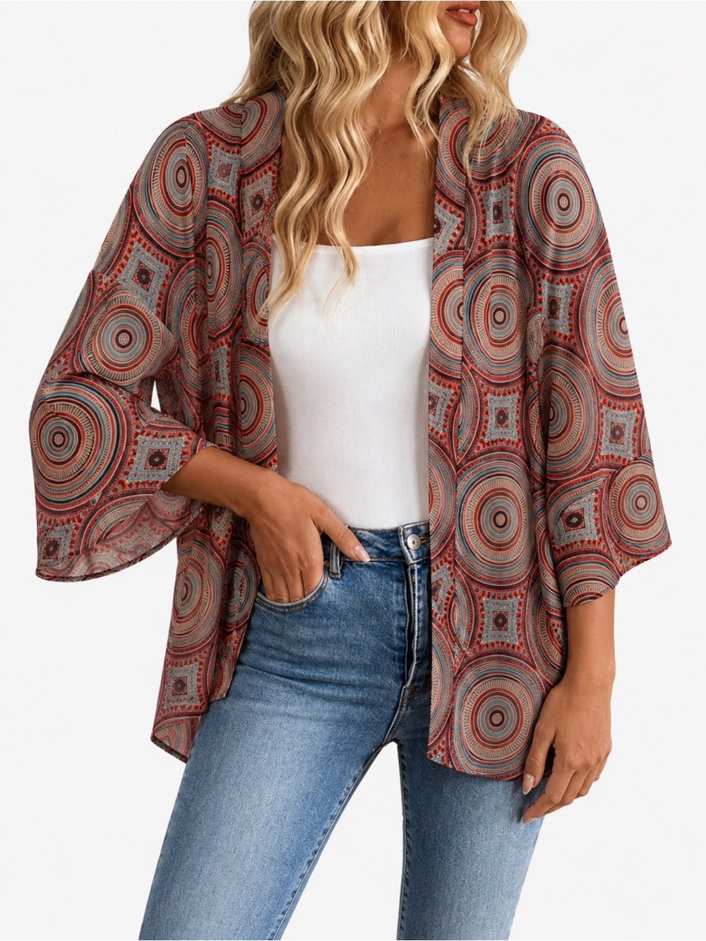 Geometric Print Open Front Kimono Cardigan